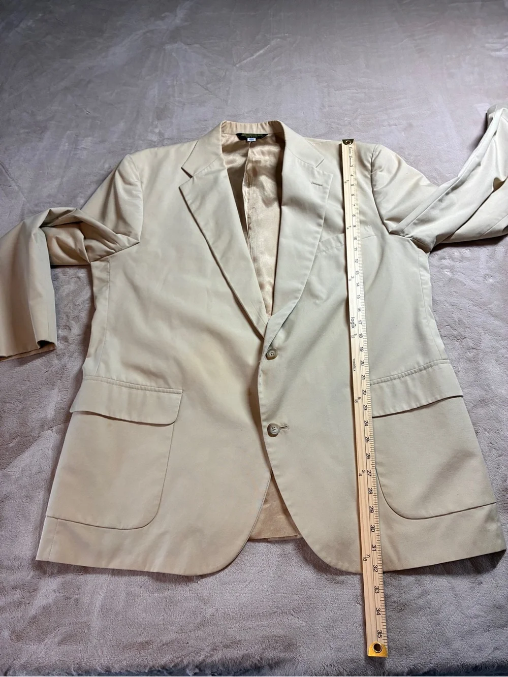 Vintage LL Bean Mens Sport Coat Blazer 48L Khaki Combed Cotton Made In USA Flaws
